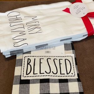 3 kitchen towels and embroidered apron